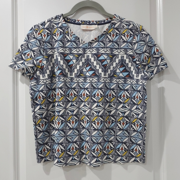 TORY BURCH Multi-color Geometric Short Sleeve Vneck Raw Hem Crop Top, Size S - Picture 2 of 11